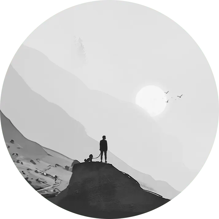 A lone figure on a hill under the moon